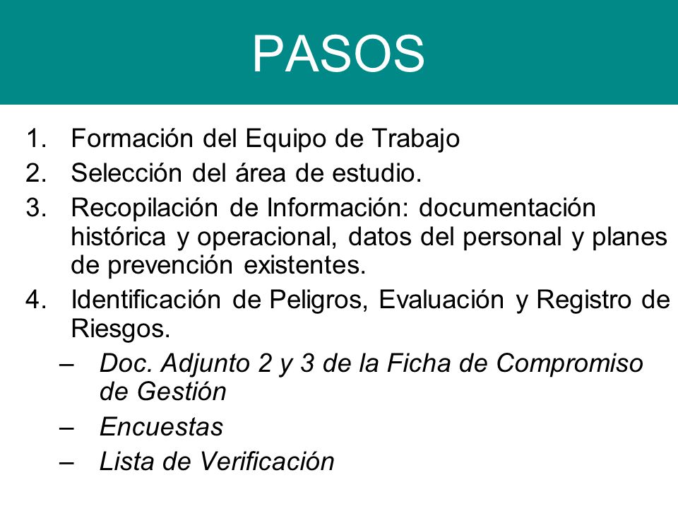 PASOS Formación del Equipo de Trabajo Selección del área de estudio.