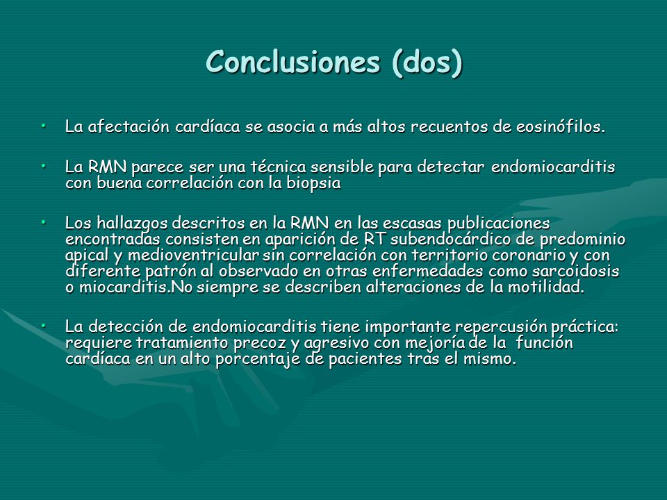 Conclusiones (dos) La afectación cardíaca se asocia a más altos recuentos de eosinófilos.