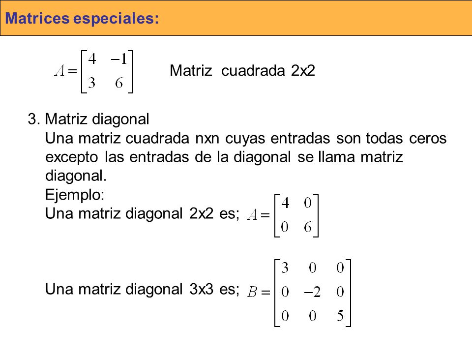 Matrices especiales: Matriz cuadrada 2x2. 3. Matriz diagonal.