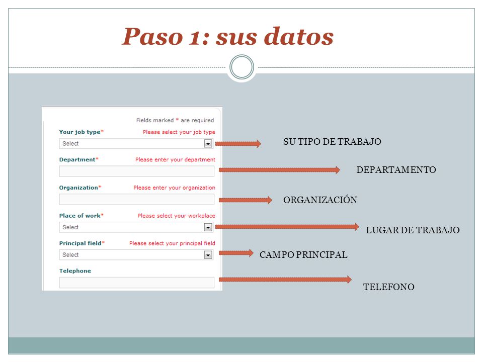 Paso 1: sus datos SU TIPO DE TRABAJO DEPARTAMENTO ORGANIZACIÓN