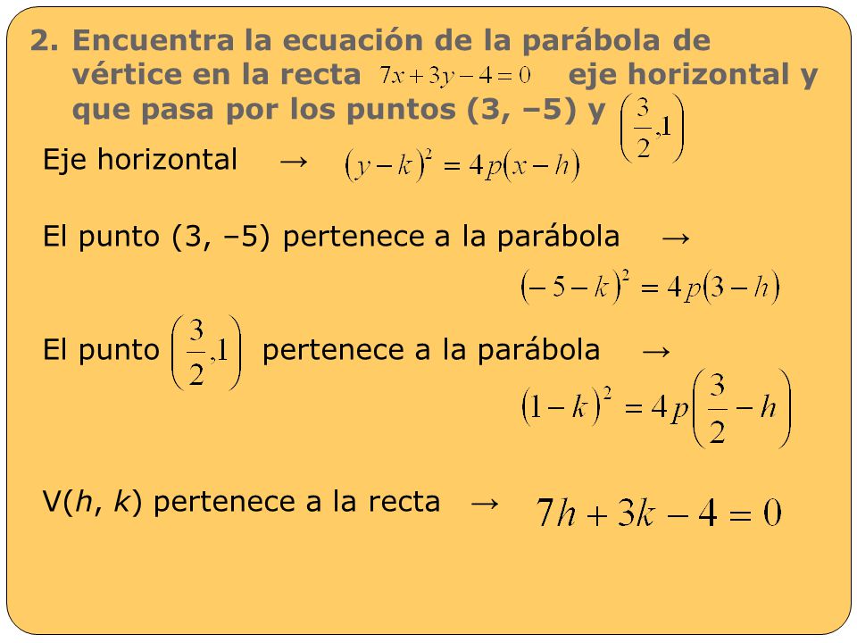 Encuentra la ecuación de la parábola de vértice en la recta eje horizontal y que pasa por los puntos (3, –5) y