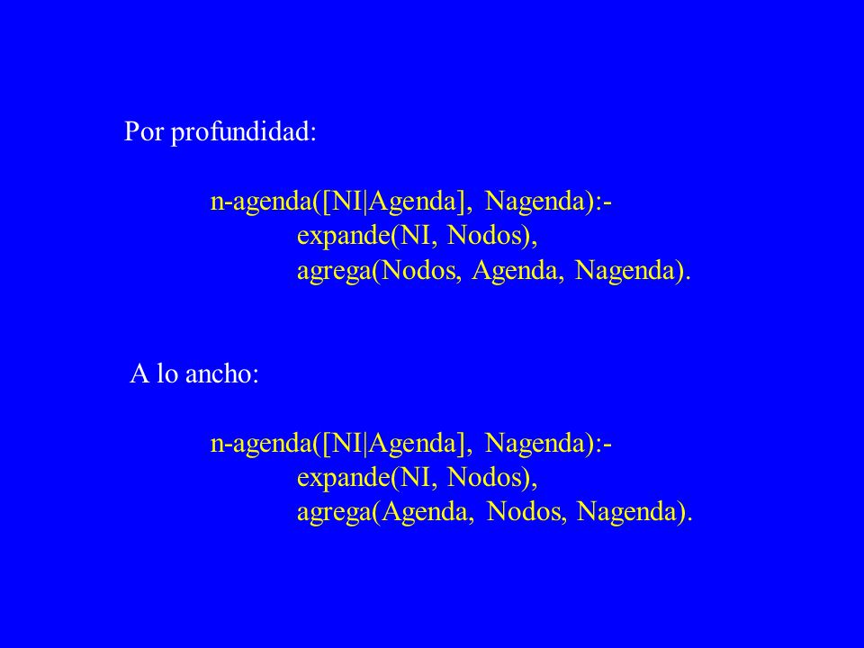 Por profundidad: n-agenda([NI|Agenda], Nagenda):- expande(NI, Nodos), agrega(Nodos, Agenda, Nagenda).