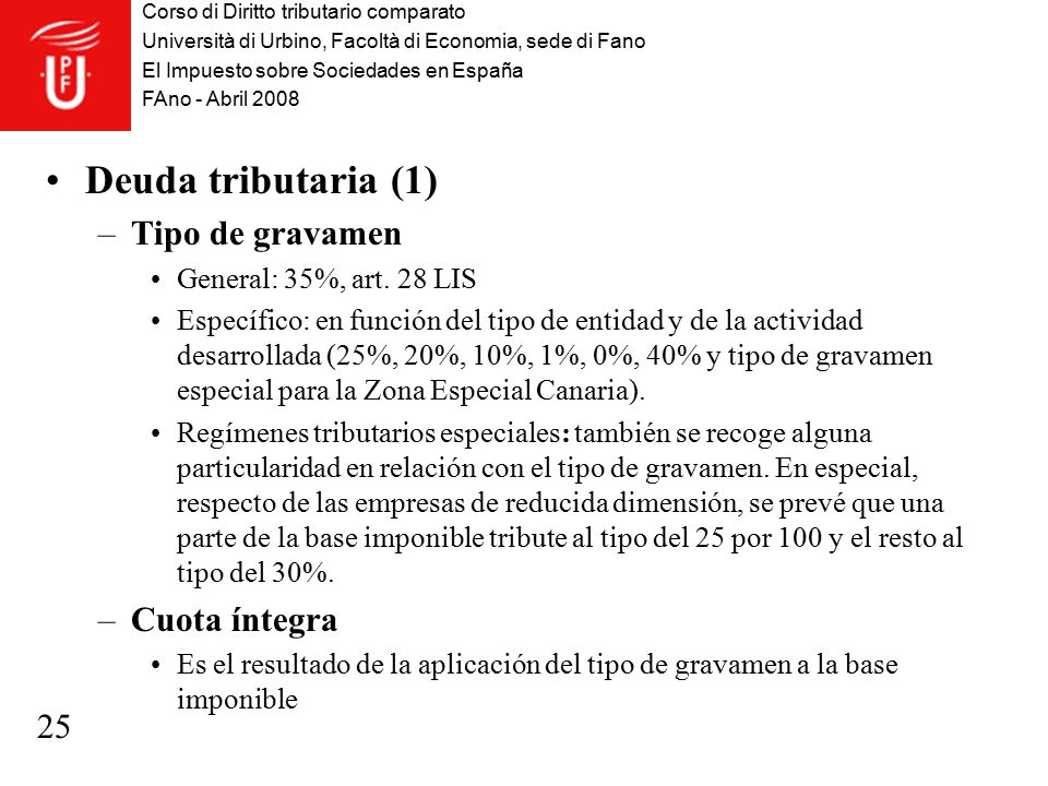 Deuda tributaria (1) Tipo de gravamen Cuota íntegra