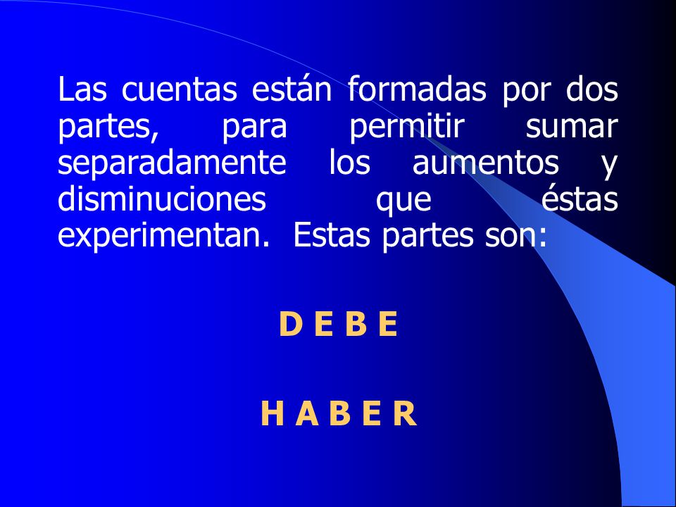 Las cuentas están formadas por dos partes, para permitir sumar separadamente los aumentos y disminuciones que éstas experimentan. Estas partes son: