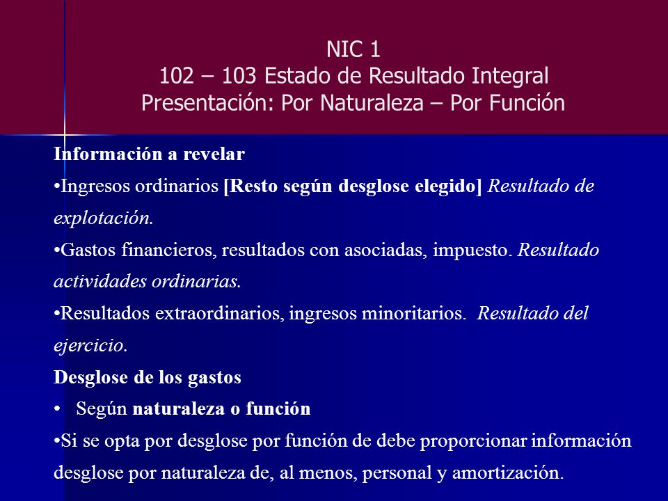 NIC – 103 Estado de Resultado Integral Presentación: Por Naturaleza – Por Función