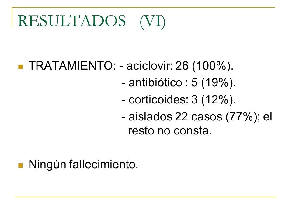 RESULTADOS (VI) TRATAMIENTO: - aciclovir: 26 (100%).