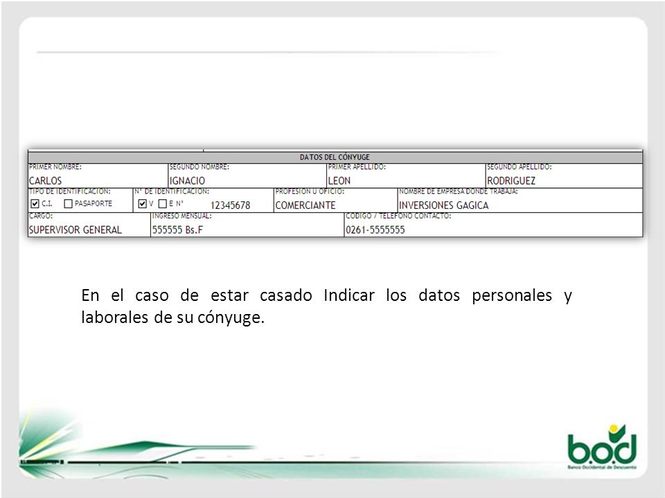 En el caso de estar casado Indicar los datos personales y laborales de su cónyuge.