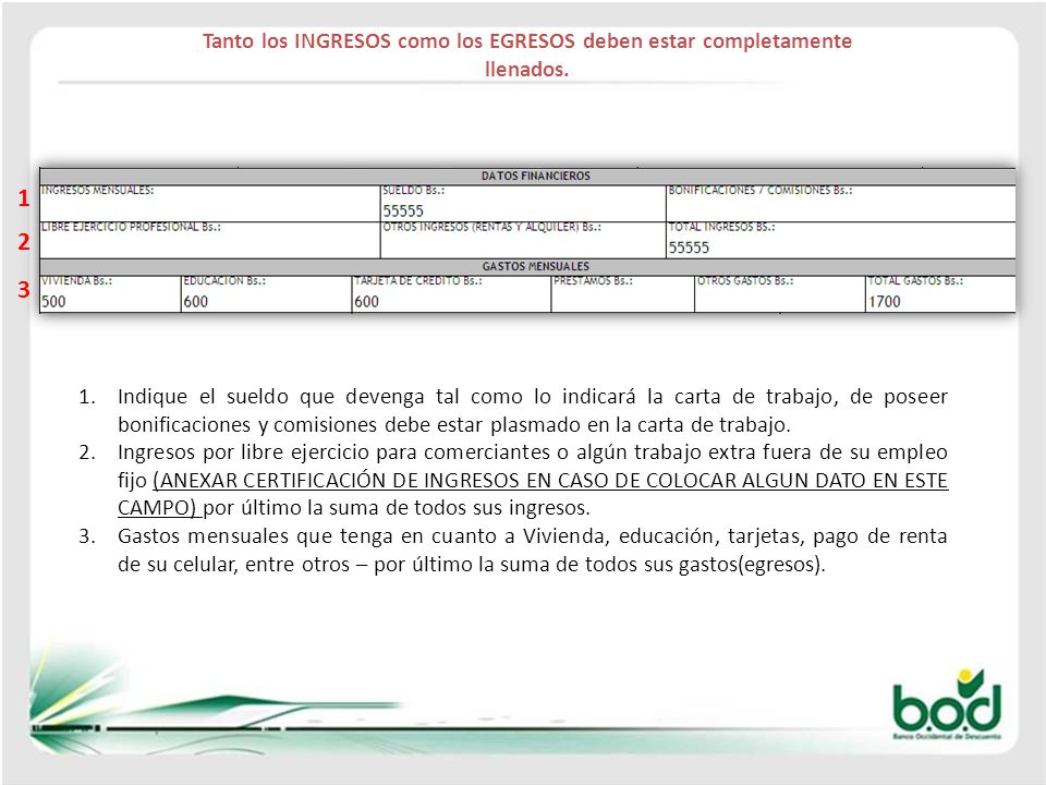 Tanto los INGRESOS como los EGRESOS deben estar completamente llenados.