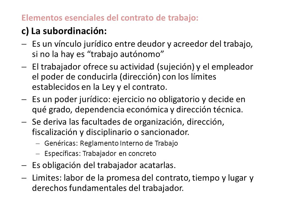 c) La subordinación: Elementos esenciales del contrato de trabajo: