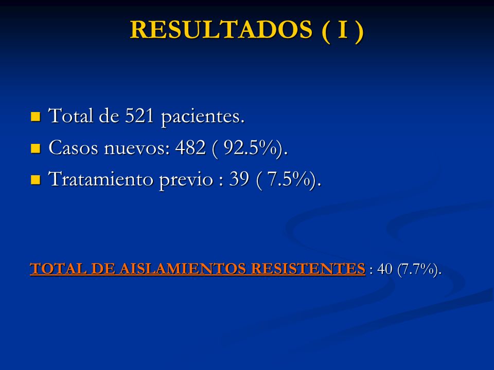 RESULTADOS ( I ) Total de 521 pacientes. Casos nuevos: 482 ( 92.5%).