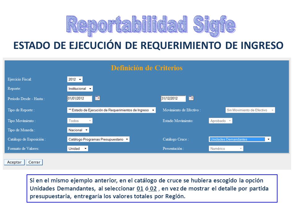 Reportabilidad Sigfe ESTADO DE EJECUCIÓN DE REQUERIMIENTO DE INGRESO
