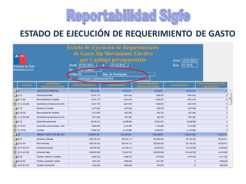 Reportabilidad Sigfe ESTADO DE EJECUCIÓN DE REQUERIMIENTO DE GASTO