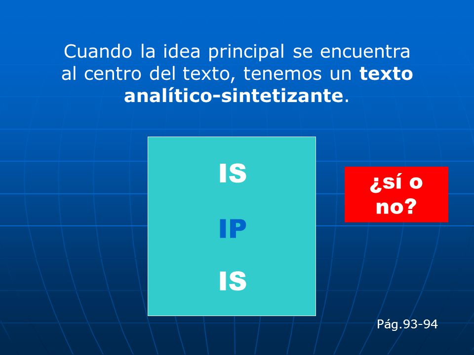 Cuando la idea principal se encuentra al centro del texto, tenemos un texto analítico-sintetizante.