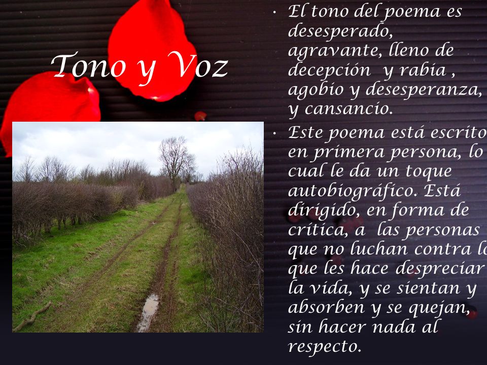 El tono del poema es desesperado, agravante, lleno de decepción y rabia , agobio y desesperanza, y cansancio.