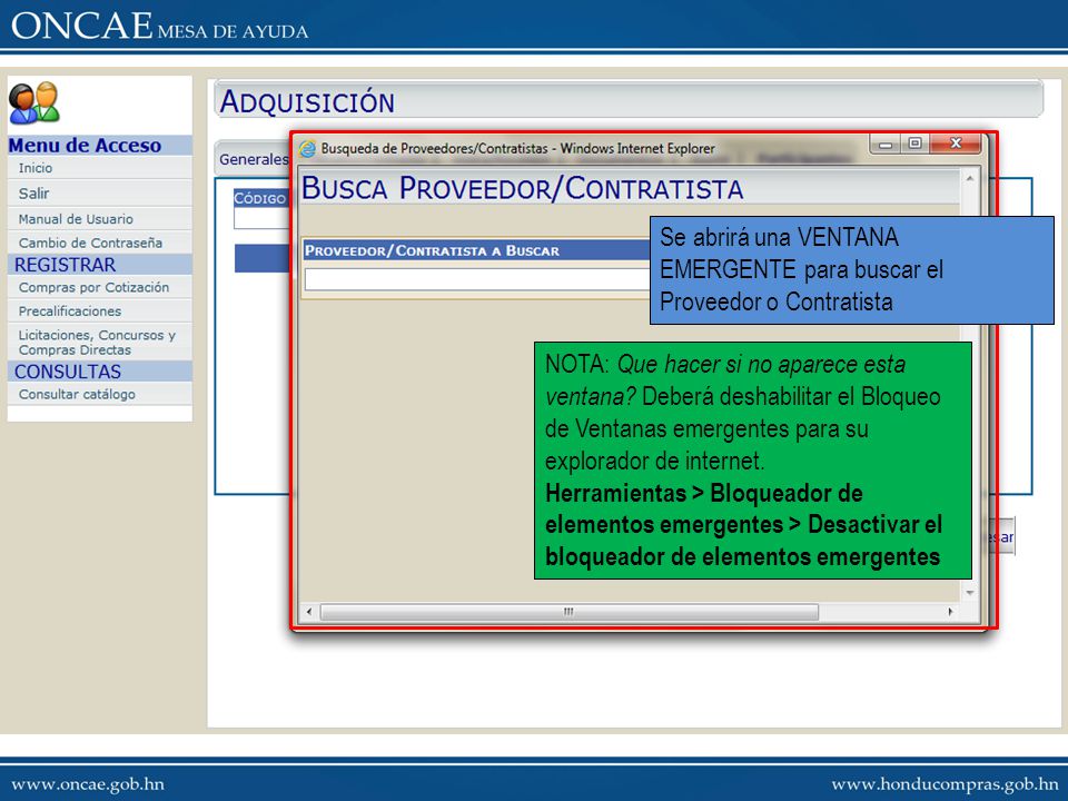 Se abrirá una VENTANA EMERGENTE para buscar el Proveedor o Contratista