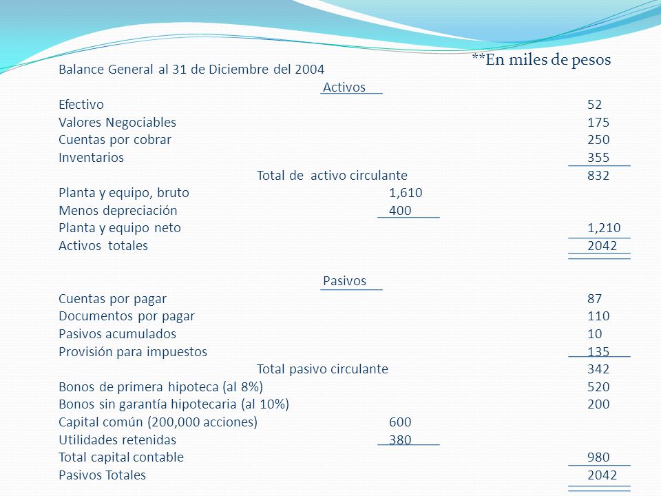 **En miles de pesos Balance General al 31 de Diciembre del 2004