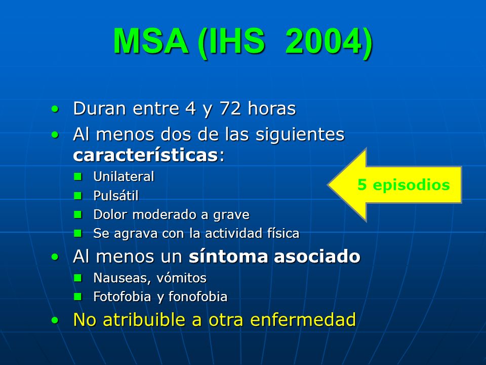 MSA (IHS 2004) Duran entre 4 y 72 horas