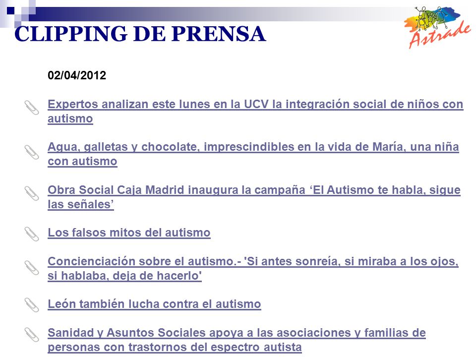 CLIPPING DE PRENSA 02/04/2012. Expertos analizan este lunes en la UCV la integración social de niños con autismo.