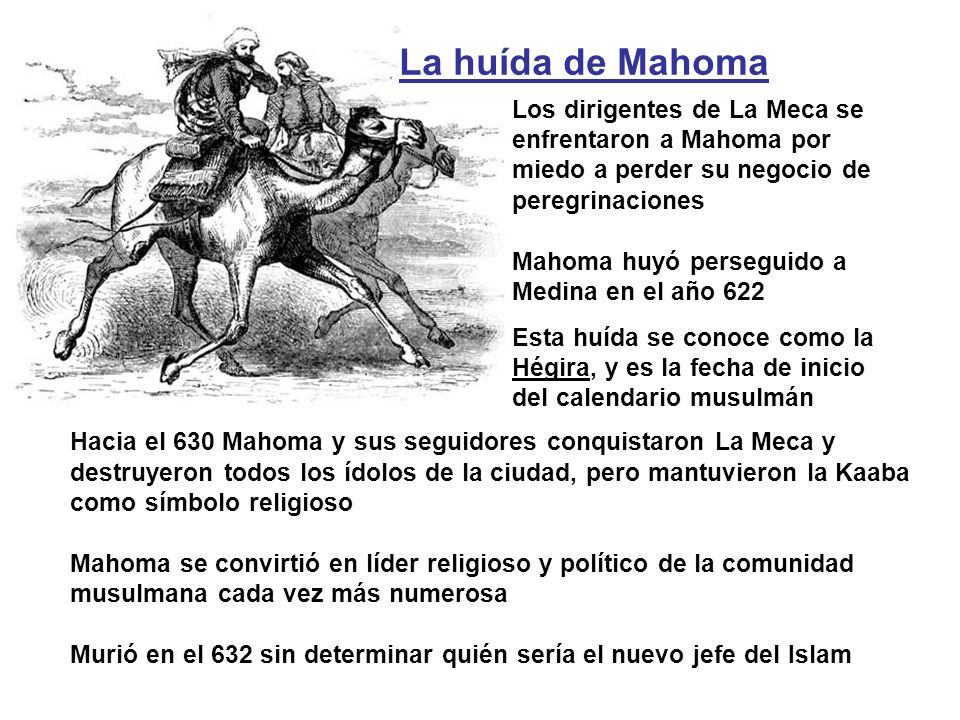 La huída de Mahoma Los dirigentes de La Meca se enfrentaron a Mahoma por miedo a perder su negocio de peregrinaciones.