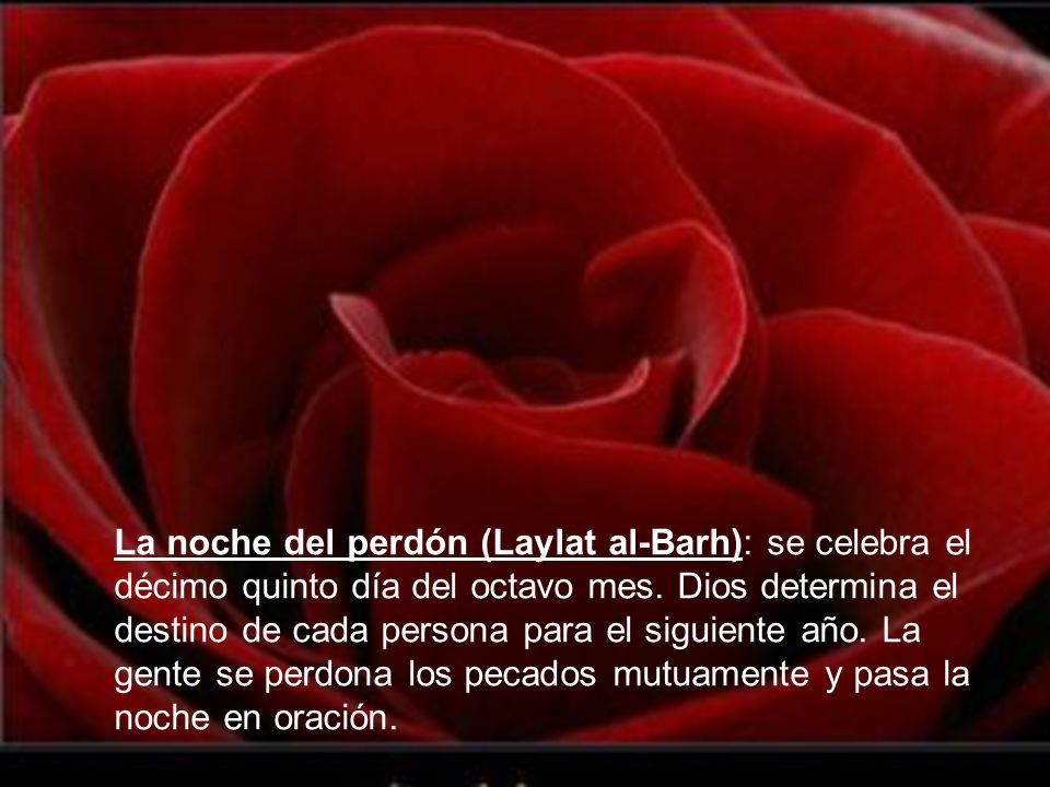 La noche del perdón (Laylat al-Barh): se celebra el décimo quinto día del octavo mes.