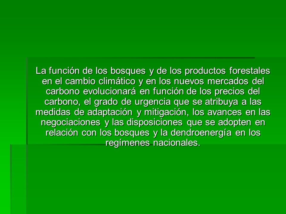 La función de los bosques y de los productos forestales en el cambio climático y en los nuevos mercados del carbono evolucionará en función de los precios del carbono, el grado de urgencia que se atribuya a las medidas de adaptación y mitigación, los avances en las negociaciones y las disposiciones que se adopten en relación con los bosques y la dendroenergía en los regímenes nacionales.