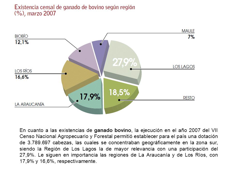 En cuanto a las existencias de ganado bovino, la ejecución en el año 2007 del VII Censo Nacional Agropecuario y Forestal permitió establecer para el país una dotación de cabezas, las cuales se concentraban geográficamente en la zona sur, siendo la Región de Los Lagos la de mayor relevancia con una participación del 27,9%.