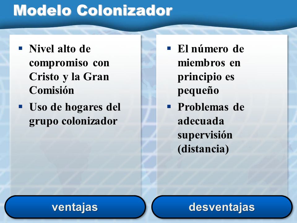 Modelo Colonizador Nivel alto de compromiso con Cristo y la Gran Comisión. Uso de hogares del grupo colonizador.