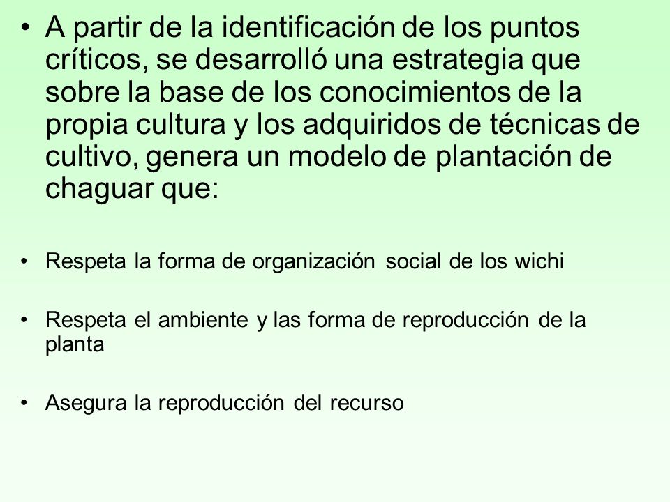 A partir de la identificación de los puntos críticos, se desarrolló una estrategia que sobre la base de los conocimientos de la propia cultura y los adquiridos de técnicas de cultivo, genera un modelo de plantación de chaguar que: