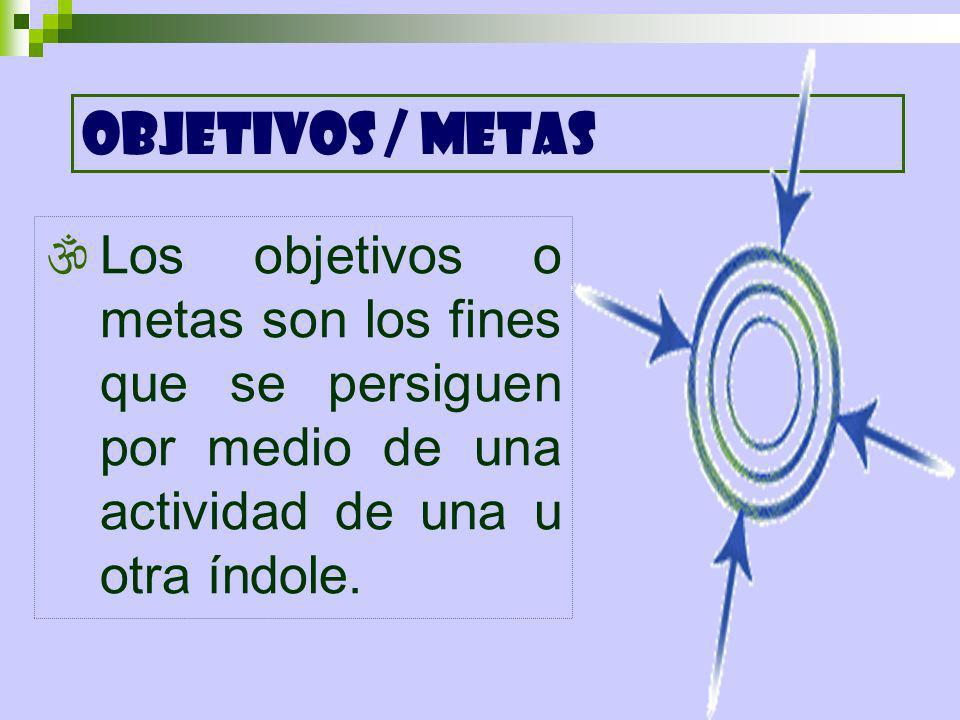 OBJETIVOS / METAS Los objetivos o metas son los fines que se persiguen por medio de una actividad de una u otra índole.