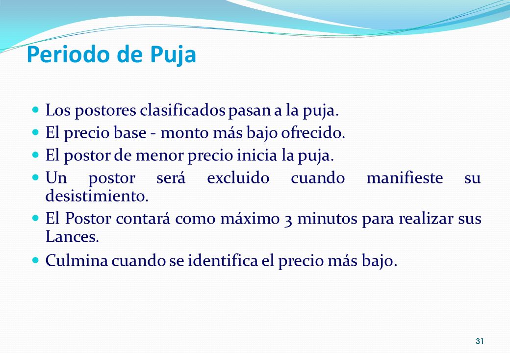 Periodo de Puja Los postores clasificados pasan a la puja.