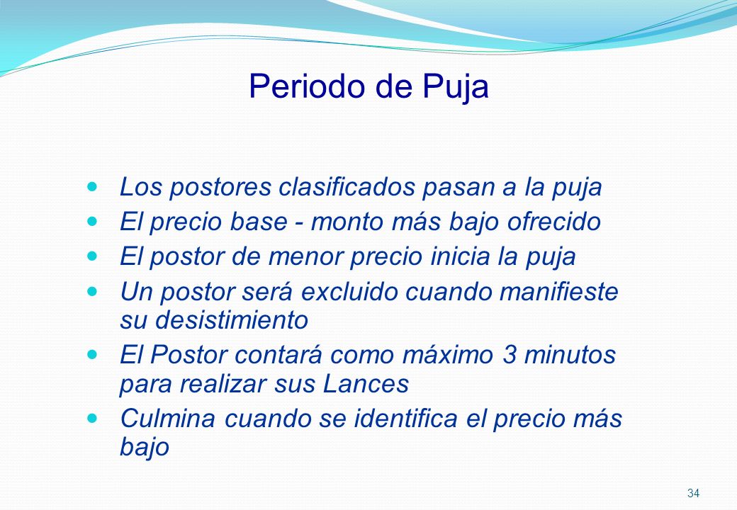 Periodo de Puja Los postores clasificados pasan a la puja