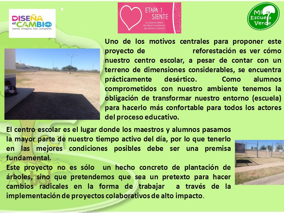 Uno de los motivos centrales para proponer este proyecto de reforestación es ver cómo nuestro centro escolar, a pesar de contar con un terreno de dimensiones considerables, se encuentra prácticamente desértico. Como alumnos comprometidos con nuestro ambiente tenemos la obligación de transformar nuestro entorno (escuela) para hacerlo más confortable para todos los actores del proceso educativo.