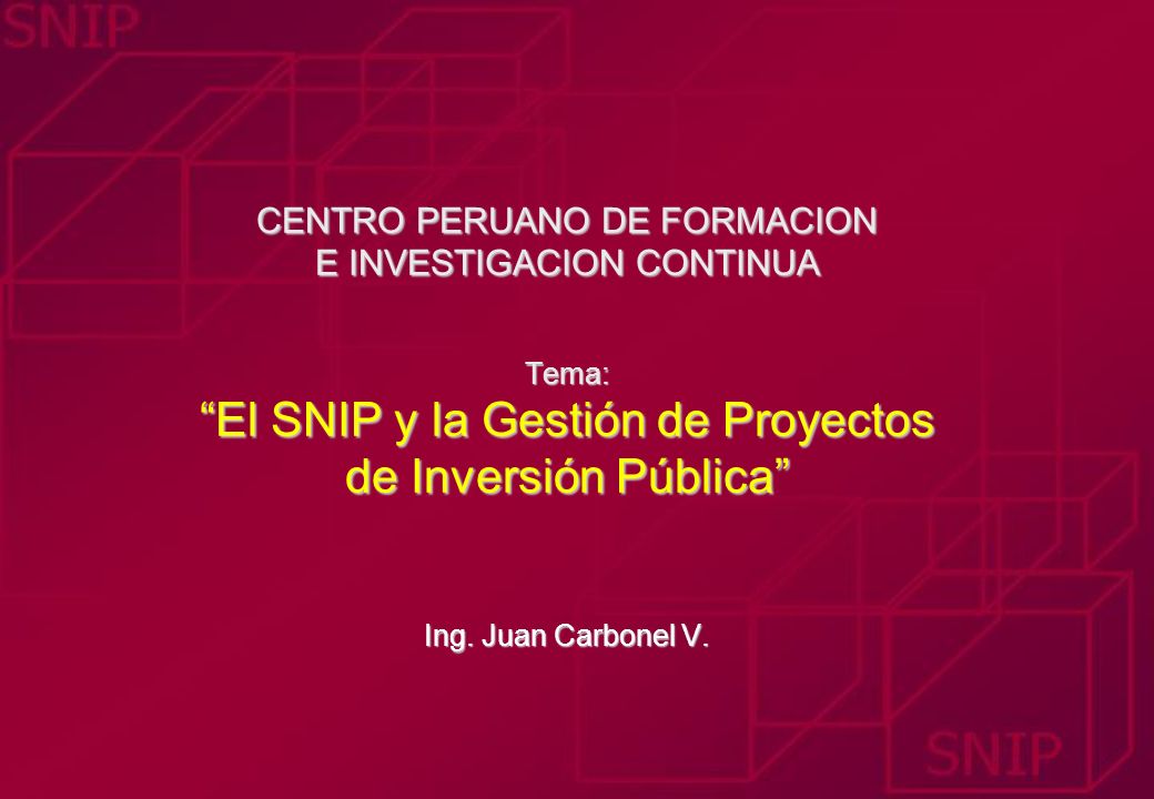 CENTRO PERUANO DE FORMACION E INVESTIGACION CONTINUA Tema: El SNIP y la Gestión de Proyectos de Inversión Pública Ing.