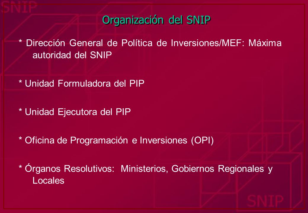 Organización del SNIP * Dirección General de Política de Inversiones/MEF: Máxima autoridad del SNIP.