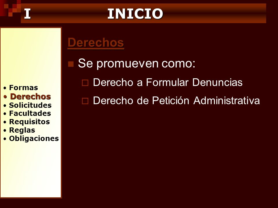I INICIO Derechos Se promueven como: Derecho a Formular Denuncias