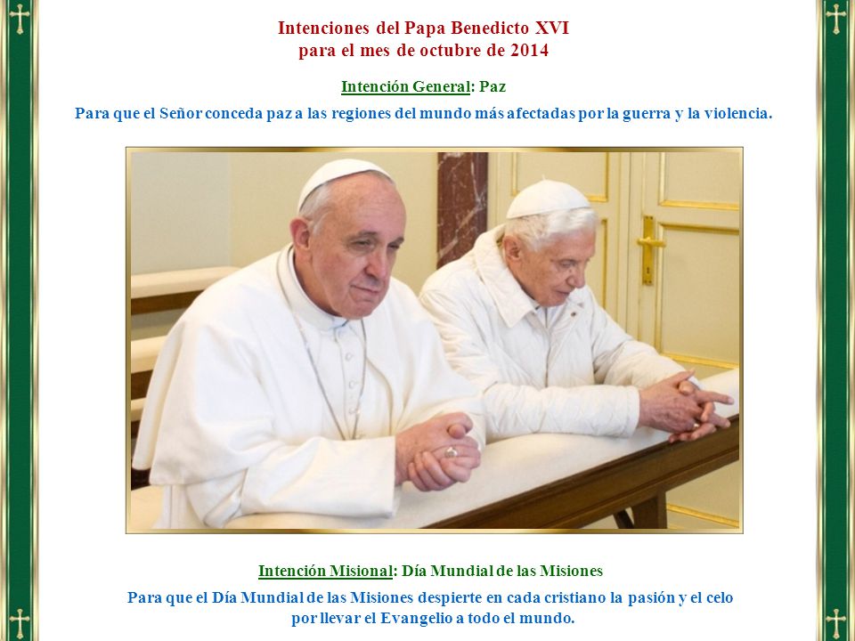 Intenciones del Papa Benedicto XVI para el mes de octubre de 2014