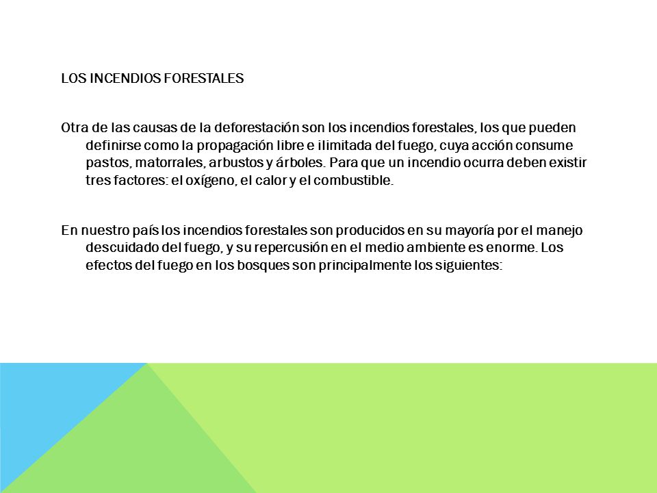 LOS INCENDIOS FORESTALES Otra de las causas de la deforestación son los incendios forestales, los que pueden definirse como la propagación libre e ilimitada del fuego, cuya acción consume pastos, matorrales, arbustos y árboles.
