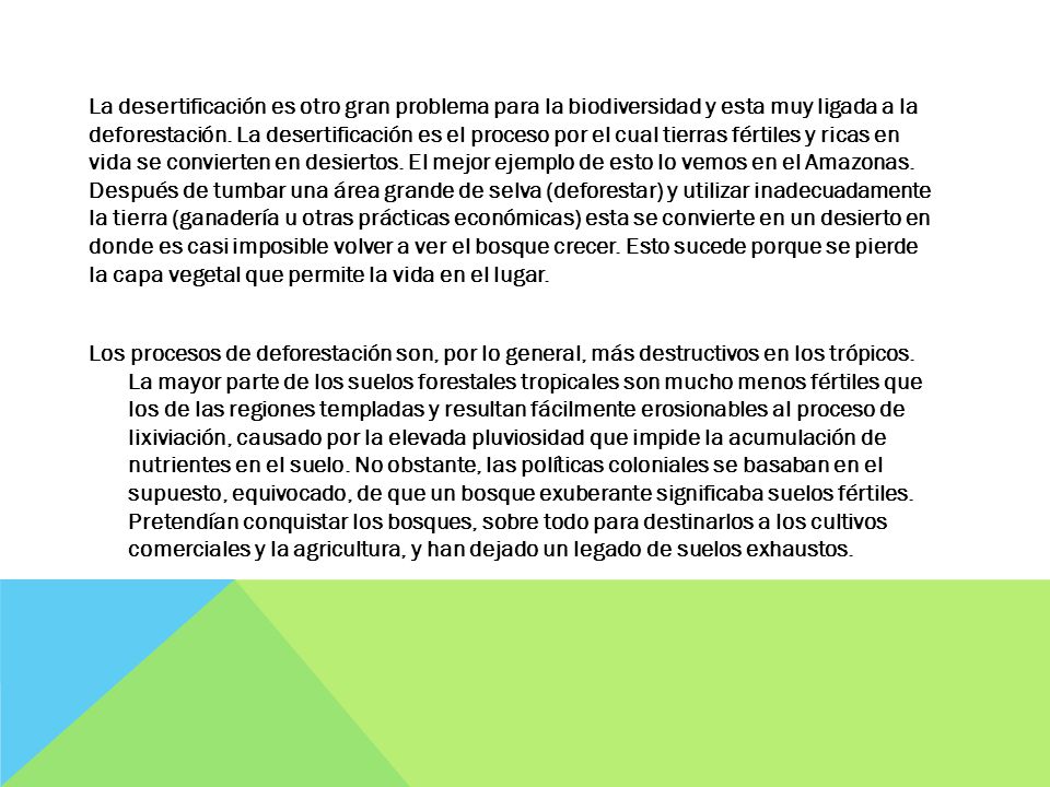 La desertificación es otro gran problema para la biodiversidad y esta muy ligada a la deforestación.
