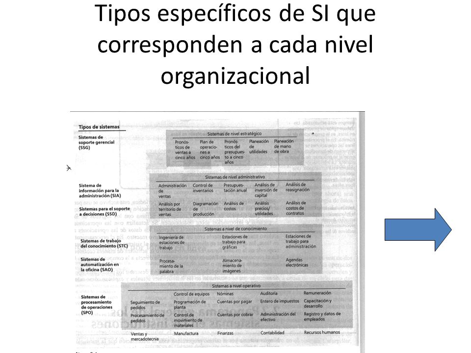 Tipos específicos de SI que corresponden a cada nivel organizacional