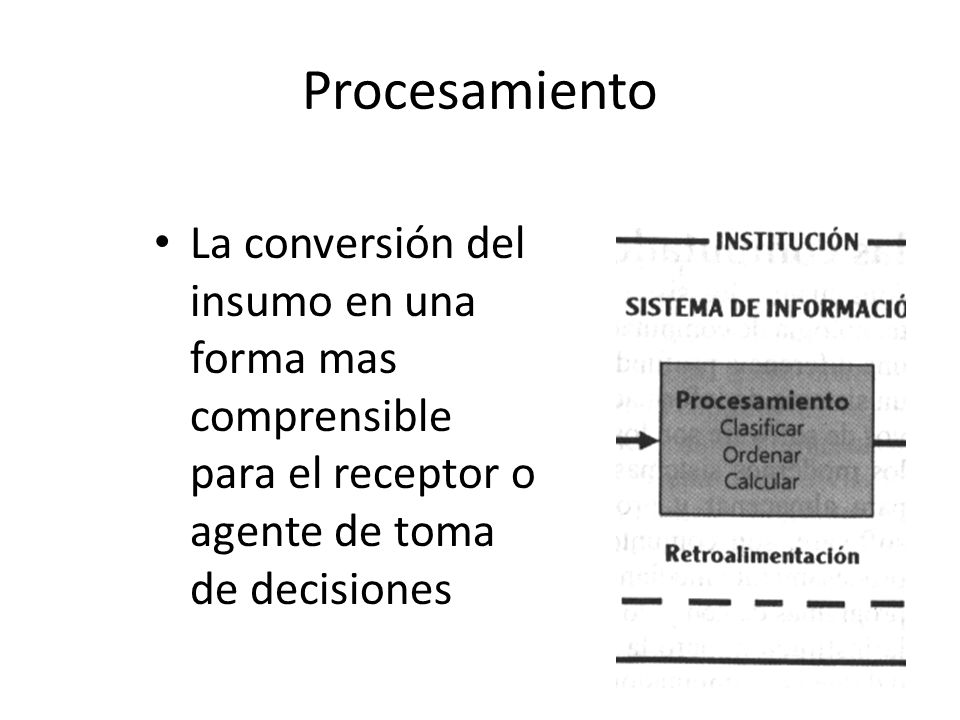 Procesamiento La conversión del insumo en una forma mas comprensible para el receptor o agente de toma de decisiones.
