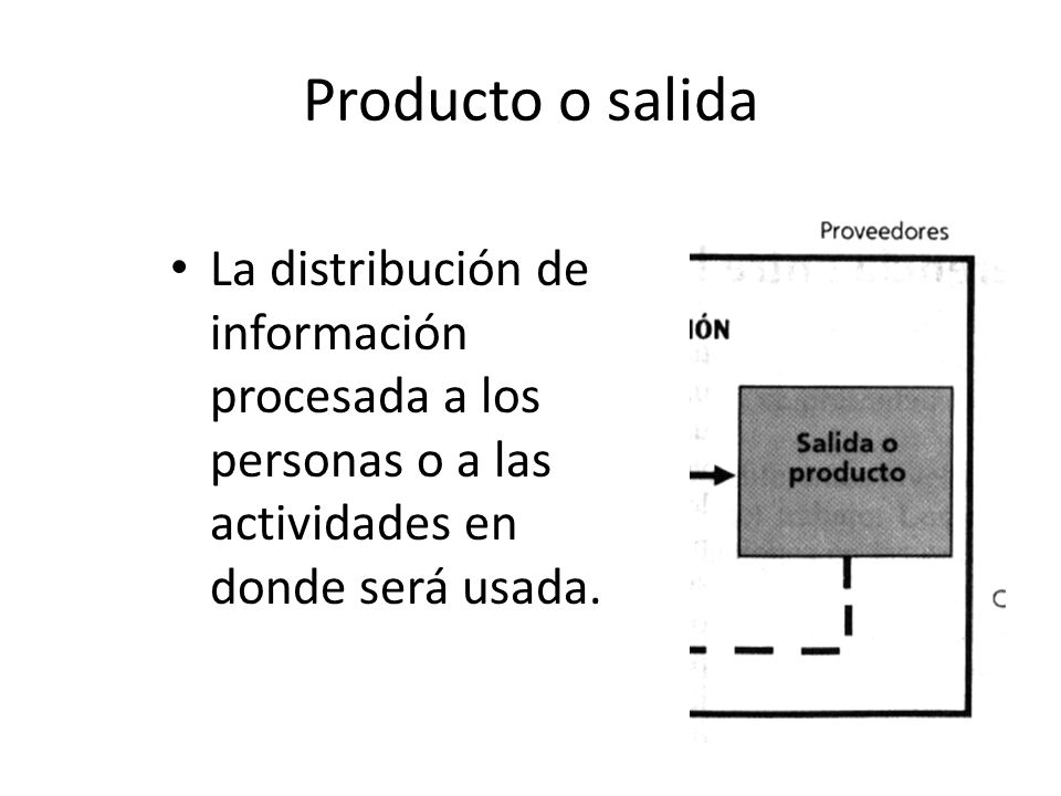 Producto o salida La distribución de información procesada a los personas o a las actividades en donde será usada.