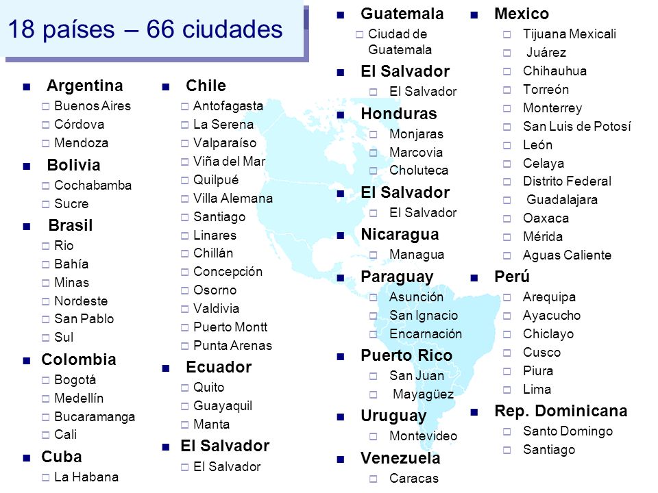 18 países – 66 ciudades Guatemala El Salvador Honduras Nicaragua