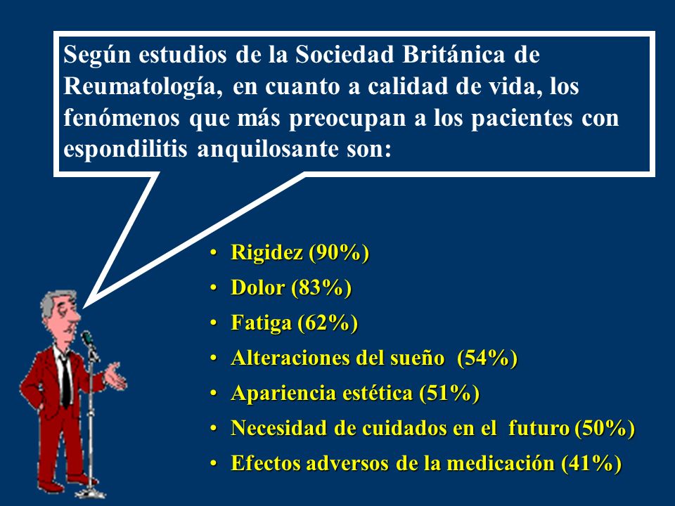 Según estudios de la Sociedad Británica de Reumatología, en cuanto a calidad de vida, los fenómenos que más preocupan a los pacientes con espondilitis anquilosante son: