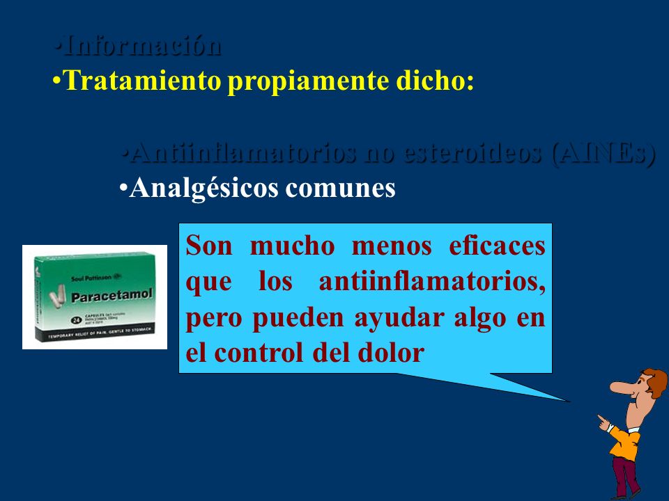 Información Tratamiento propiamente dicho: Antiinflamatorios no esteroideos (AINEs) Analgésicos comunes.