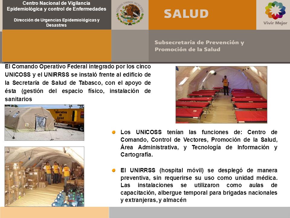 El Comando Operativo Federal integrado por los cinco UNICOSS y el UNIRRSS se instaló frente al edificio de la Secretaría de Salud de Tabasco, con el apoyo de ésta (gestión del espacio físico, instalación de sanitarios móviles, etc.)