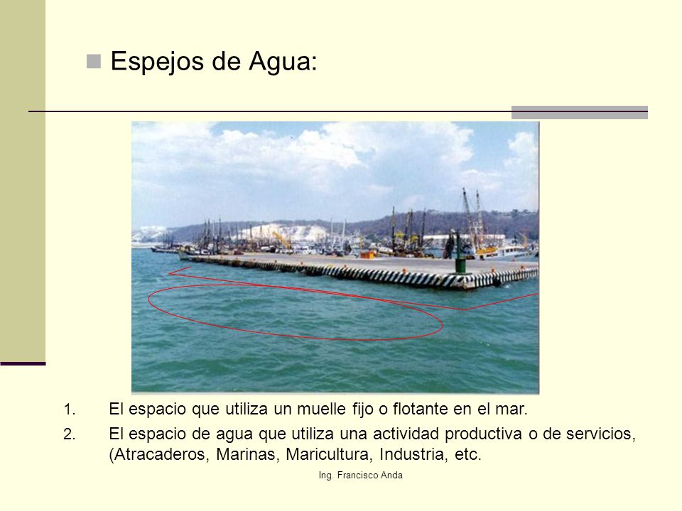 Espejos de Agua: El espacio que utiliza un muelle fijo o flotante en el mar.