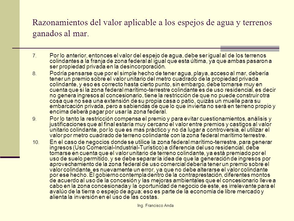 Razonamientos del valor aplicable a los espejos de agua y terrenos ganados al mar.