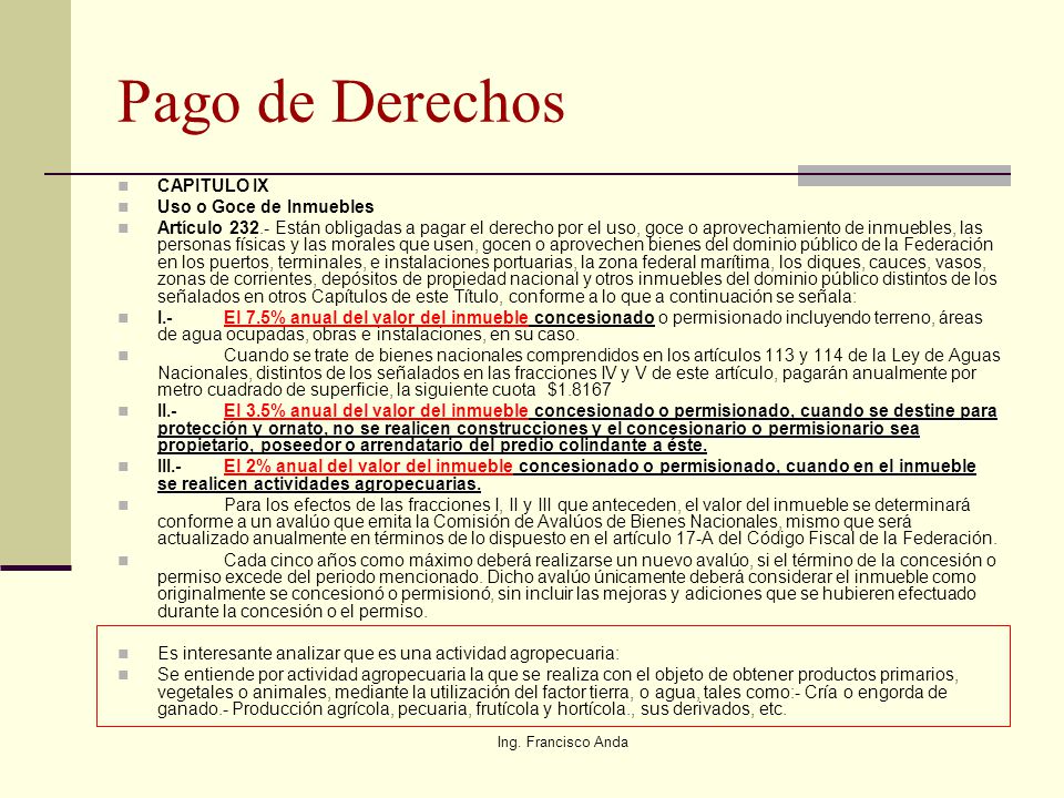 Pago de Derechos CAPITULO IX Uso o Goce de Inmuebles