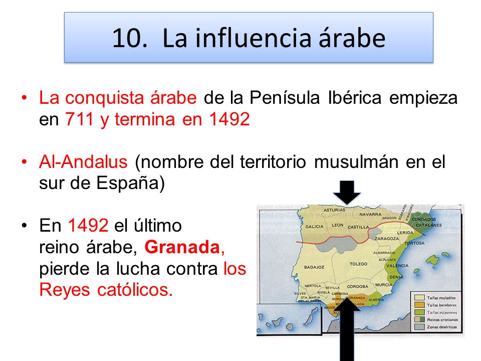 10. La influencia árabe La conquista árabe de la Penísula Ibérica empieza en 711 y termina en