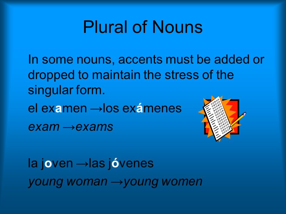 Plural of Nouns In some nouns, accents must be added or dropped to maintain the stress of the singular form.